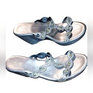 A. Giannetti Pumps Heels wedge Shoes 10 Silver Open Toe Slipon Jeweled 3…